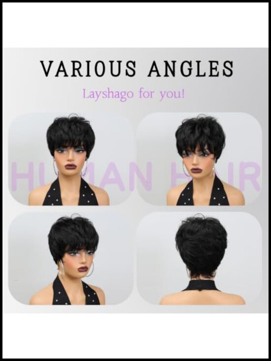 100% Human Hair Pixie Cut Wig for Women, Glueless Short Layered Wig with Bangs, main image 5